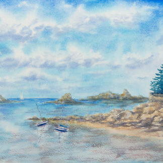Original watercolor painting of Saint-Jacut-de-la-Mer with two small boats resting near a rocky shoreline under a bright summer sky.