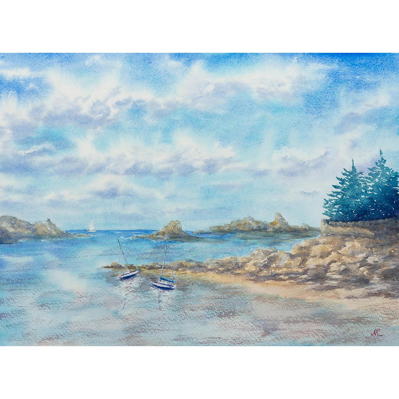 Original watercolor painting of Saint-Jacut-de-la-Mer with two small boats resting near a rocky shoreline under a bright summer sky.