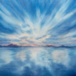Blue watercolor painting of a luminous coastal horizon in Brittany, with dramatic cloud formations mirrored in the tranquil sea.