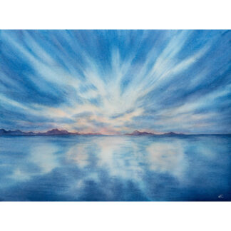 Original watercolor seascape inspired by Saint-Jacut-de-la-Mer, featuring radiant clouds stretching across a blue sky and reflecting on calm ocean waters.