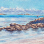 Original watercolor seascape of Saint-Jacut-de-la-Mer at sunrise with calm ocean waters and coastal rocks.