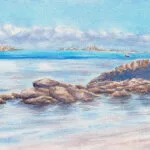 Original watercolor seascape of Saint-Jacut-de-la-Mer at sunrise with calm ocean waters and coastal rocks.