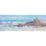 Original watercolor seascape of Saint-Jacut-de-la-Mer at sunrise featuring calm ocean waters, coastal rocks, and soft morning light under a clear blue sky.