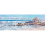 Original watercolor seascape of Saint-Jacut-de-la-Mer at sunrise featuring calm ocean waters, coastal rocks, and soft morning light under a clear blue sky.
