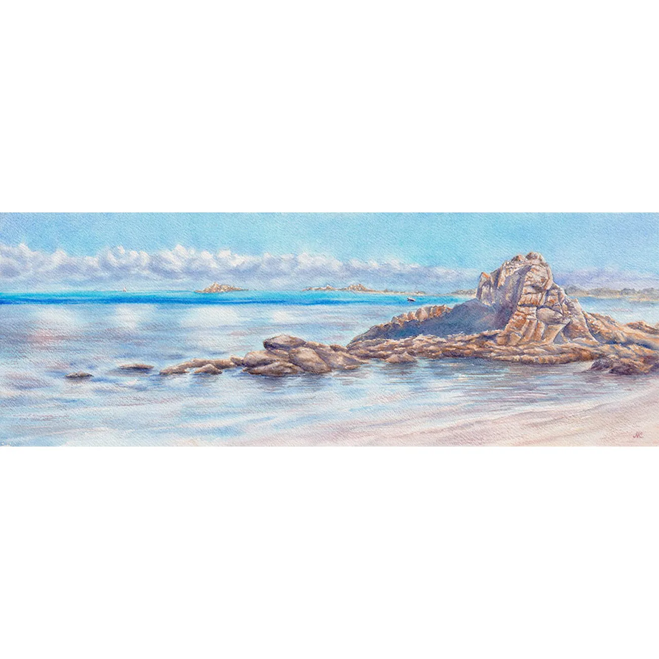 Original watercolor seascape of Saint-Jacut-de-la-Mer at sunrise featuring calm ocean waters, coastal rocks, and soft morning light under a clear blue sky.
