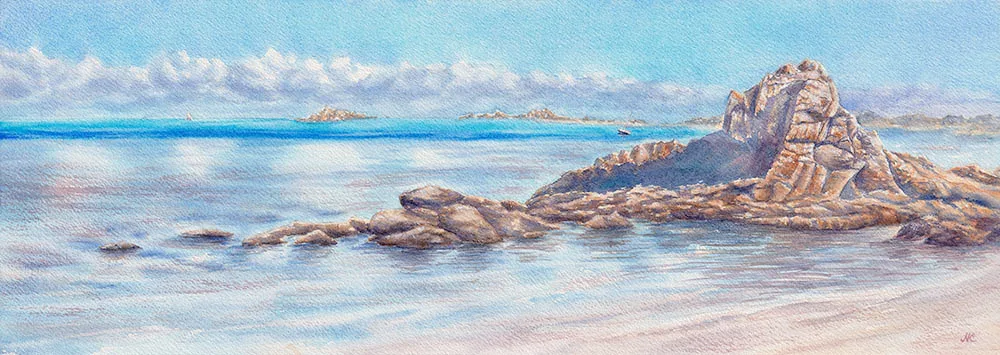 Original watercolor seascape of Saint-Jacut-de-la-Mer at sunrise with calm ocean waters and coastal rocks.