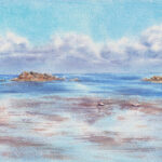 Original watercolor coastal landscape featuring blue ocean waters and rocky shoreline in Saint-Jacut-de-la-Mer.
