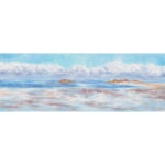 Original watercolor coastal landscape painting with blue ocean water, rocky shoreline, and bright sky in Saint-Jacut-de-la-Mer, Brittany, France.