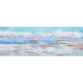 Original watercolor coastal landscape painting with blue ocean water, rocky shoreline, and bright sky in Saint-Jacut-de-la-Mer, Brittany, France.