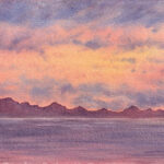 Watercolor seascape with pink, lavender, and golden skies reflected in calm coastal waters.