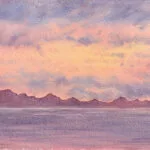 Watercolor seascape with pink, lavender, and golden skies reflected in calm coastal waters.