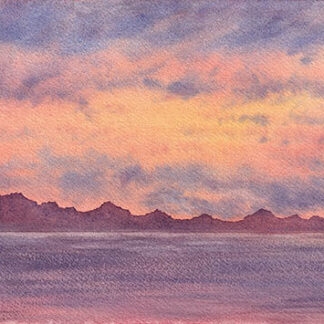 Watercolor seascape with pink, lavender, and golden skies reflected in calm coastal waters.