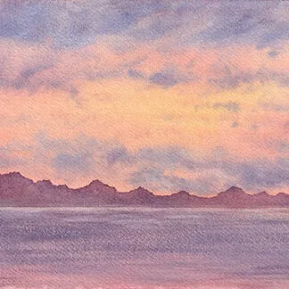 Watercolor seascape with pink, lavender, and golden skies reflected in calm coastal waters.