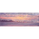 Original watercolor painting of a pastel sunset over the ocean in Saint-Jacut-de-la-Mer, with soft pink, lavender, and golden tones reflecting on the sea.
