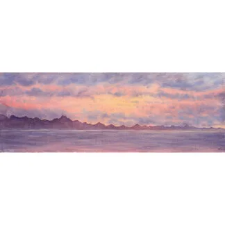 Original watercolor painting of a pastel sunset over the ocean in Saint-Jacut-de-la-Mer, with soft pink, lavender, and golden tones reflecting on the sea.