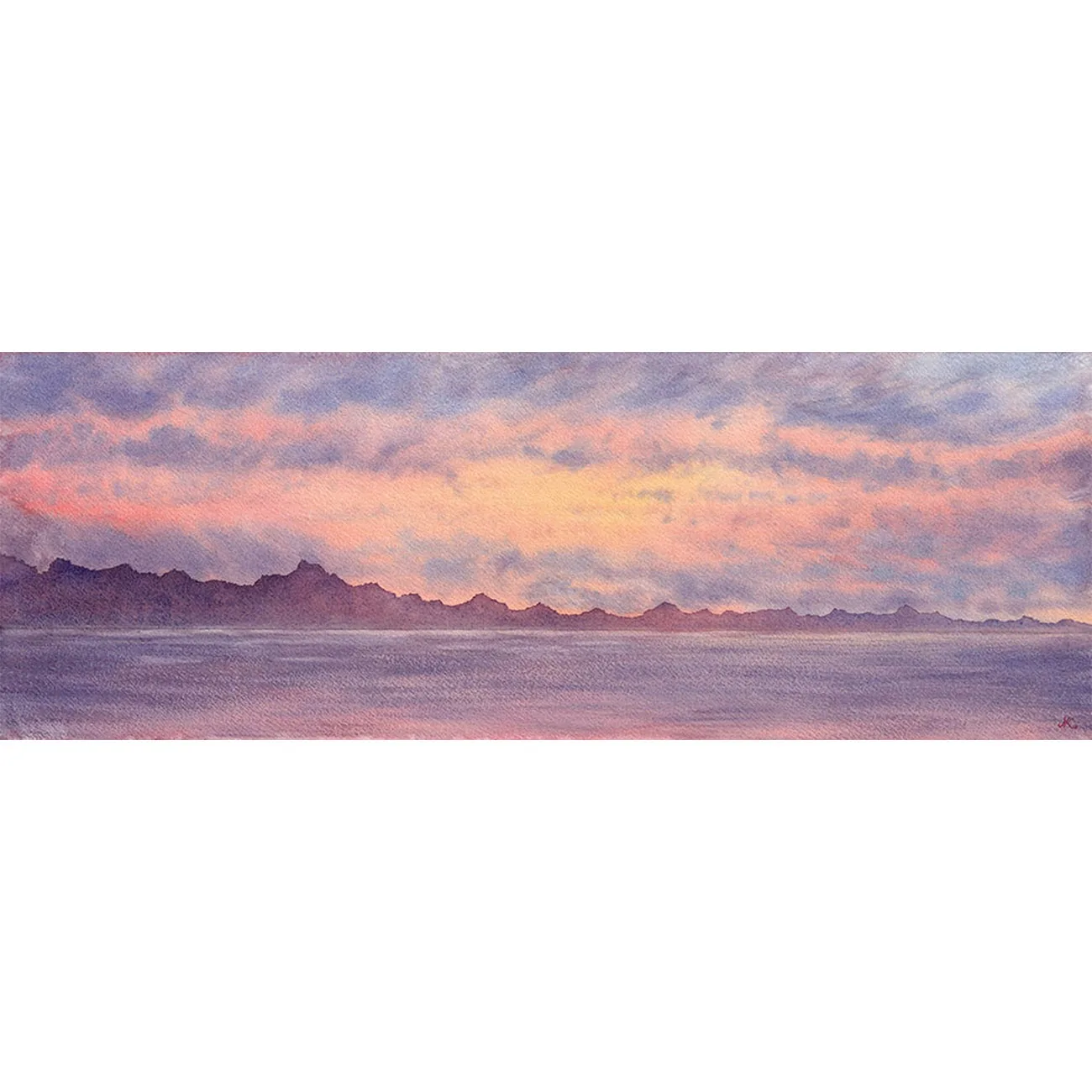 Original watercolor painting of a pastel sunset over the ocean in Saint-Jacut-de-la-Mer, with soft pink, lavender, and golden tones reflecting on the sea.