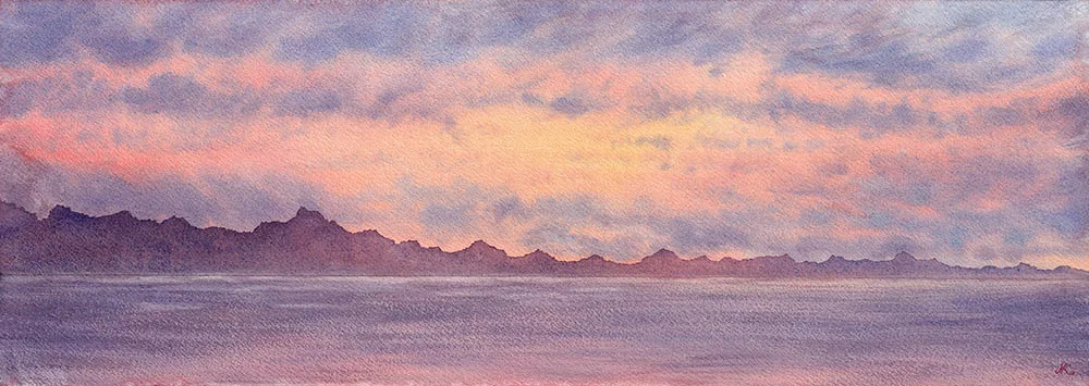 Watercolor seascape with pink, lavender, and golden skies reflected in calm coastal waters.
