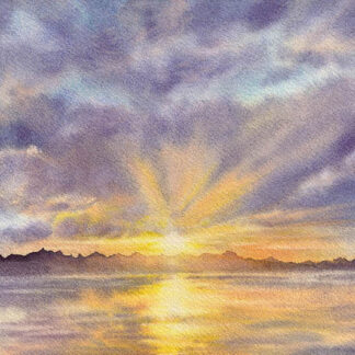 Original watercolor sunset seascape painting with golden sunlight reflecting across calm ocean waters in Saint-Jacut-de-la-Mer, Brittany.