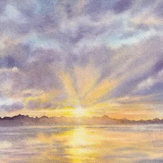 Original watercolor sunset seascape painting with golden sunlight reflecting across calm ocean waters in Saint-Jacut-de-la-Mer, Brittany.