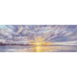 Original watercolor sunset seascape painting of Saint-Jacut-de-la-Mer, Brittany, featuring golden sunlight reflecting on calm ocean waters beneath dramatic clouds.
