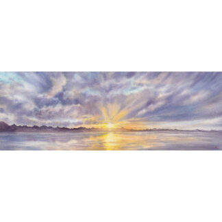 Original watercolor sunset seascape painting of Saint-Jacut-de-la-Mer, Brittany, featuring golden sunlight reflecting on calm ocean waters beneath dramatic clouds.