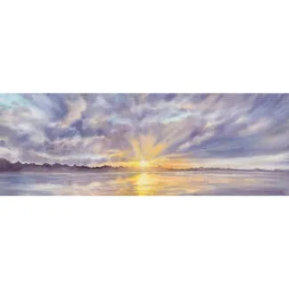 Original watercolor sunset seascape painting of Saint-Jacut-de-la-Mer, Brittany, featuring golden sunlight reflecting on calm ocean waters beneath dramatic clouds.