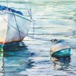 Original watercolor seascape featuring a solitary boat resting on tranquil turquoise water beside a buoy under bright summer light.
