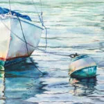 Original watercolor seascape featuring a solitary boat resting on tranquil turquoise water beside a buoy under bright summer light.