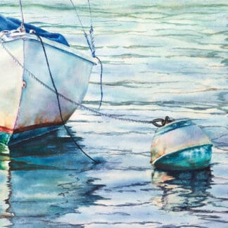 Original watercolor seascape featuring a solitary boat resting on tranquil turquoise water beside a buoy under bright summer light.