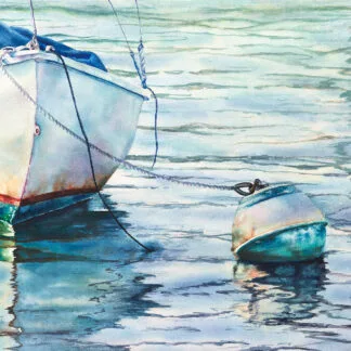 Original watercolor seascape featuring a solitary boat resting on tranquil turquoise water beside a buoy under bright summer light.