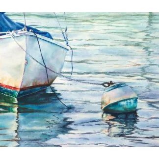 Sunny Day watercolor painting showing a small boat anchored to a buoy on calm blue water, with soft reflections and a peaceful coastal atmosphere.