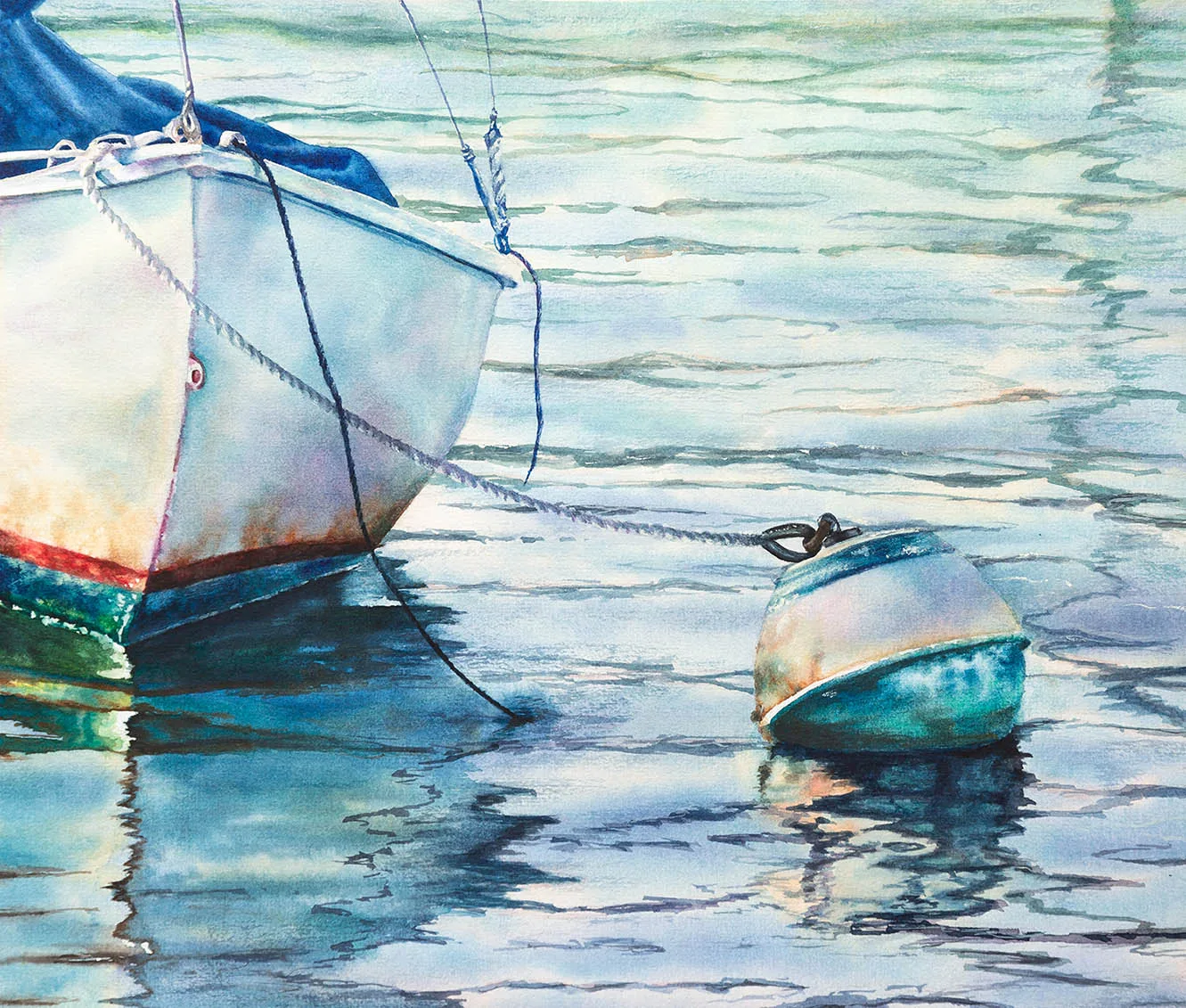 Original watercolor seascape featuring a solitary boat resting on tranquil turquoise water beside a buoy under bright summer light.