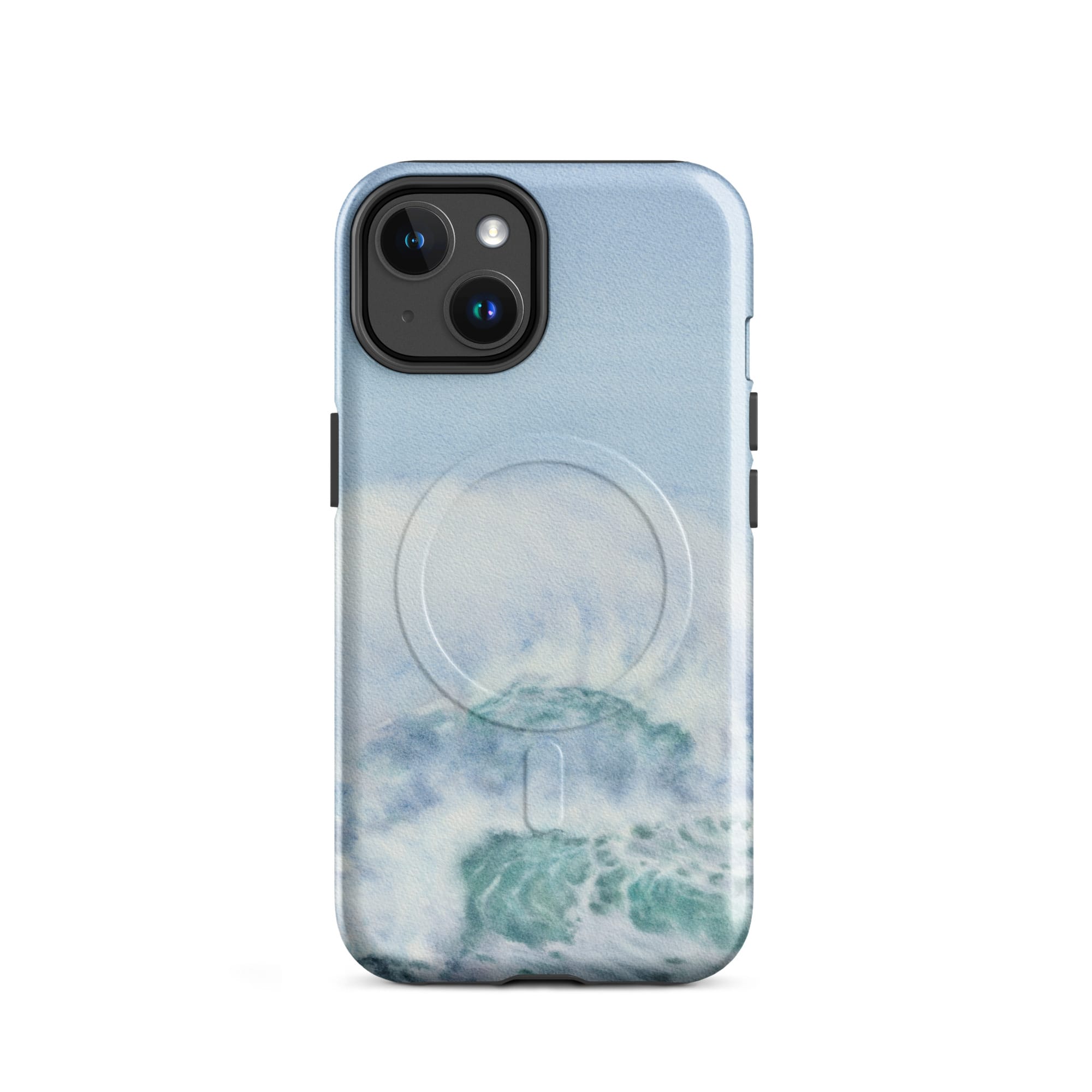 Turquoise blue wave ocean watercolor iPhone 14 case with MagSafe, glossy finish