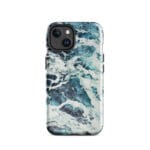 Deep blue turquoise ocean watercolor iPhone 14 case with MagSafe, glossy finish