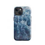 Deep blue ocean watercolor iPhone 14 case with MagSafe, glossy finish