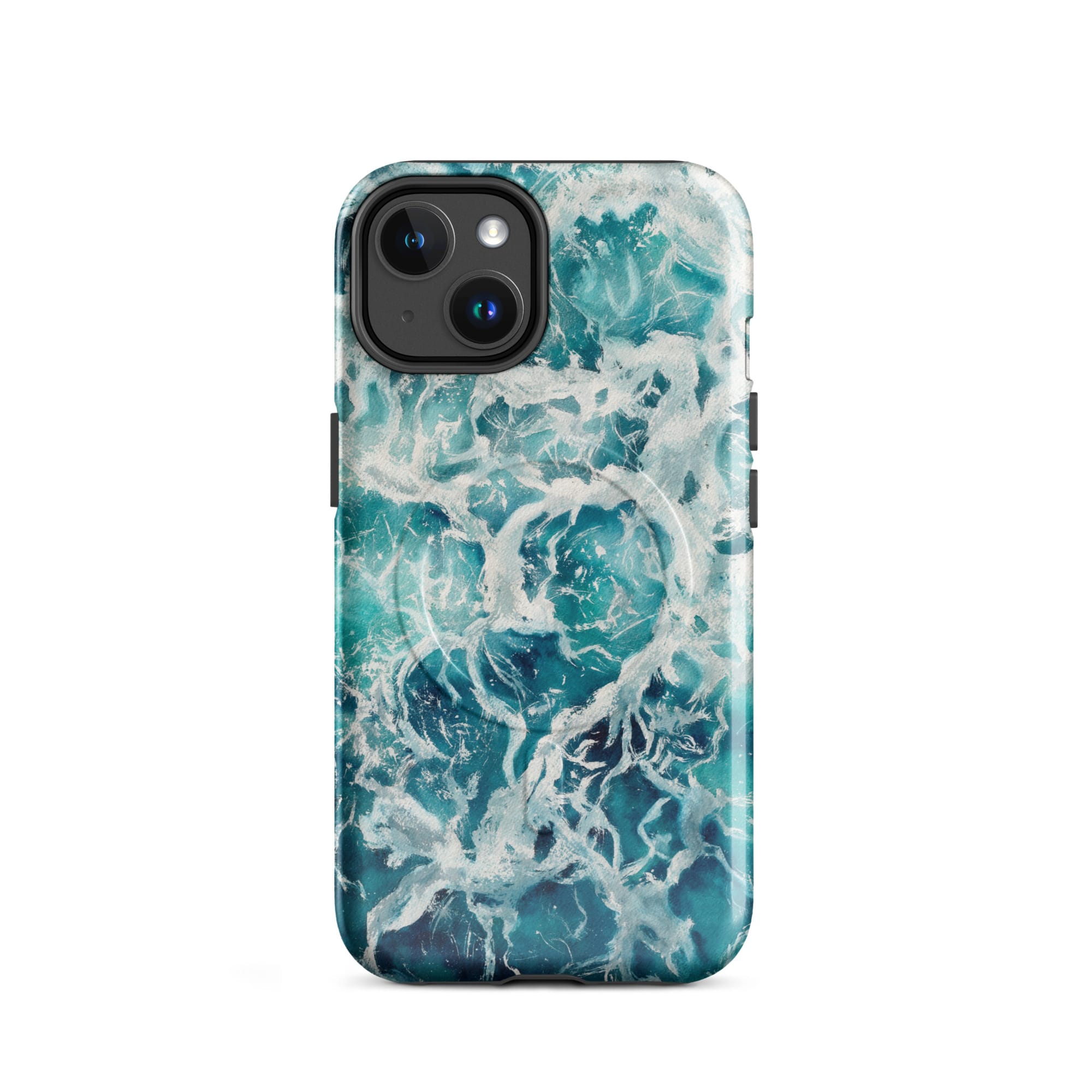 Blue green ocean watercolor iPhone 14 case with MagSafe, glossy finish