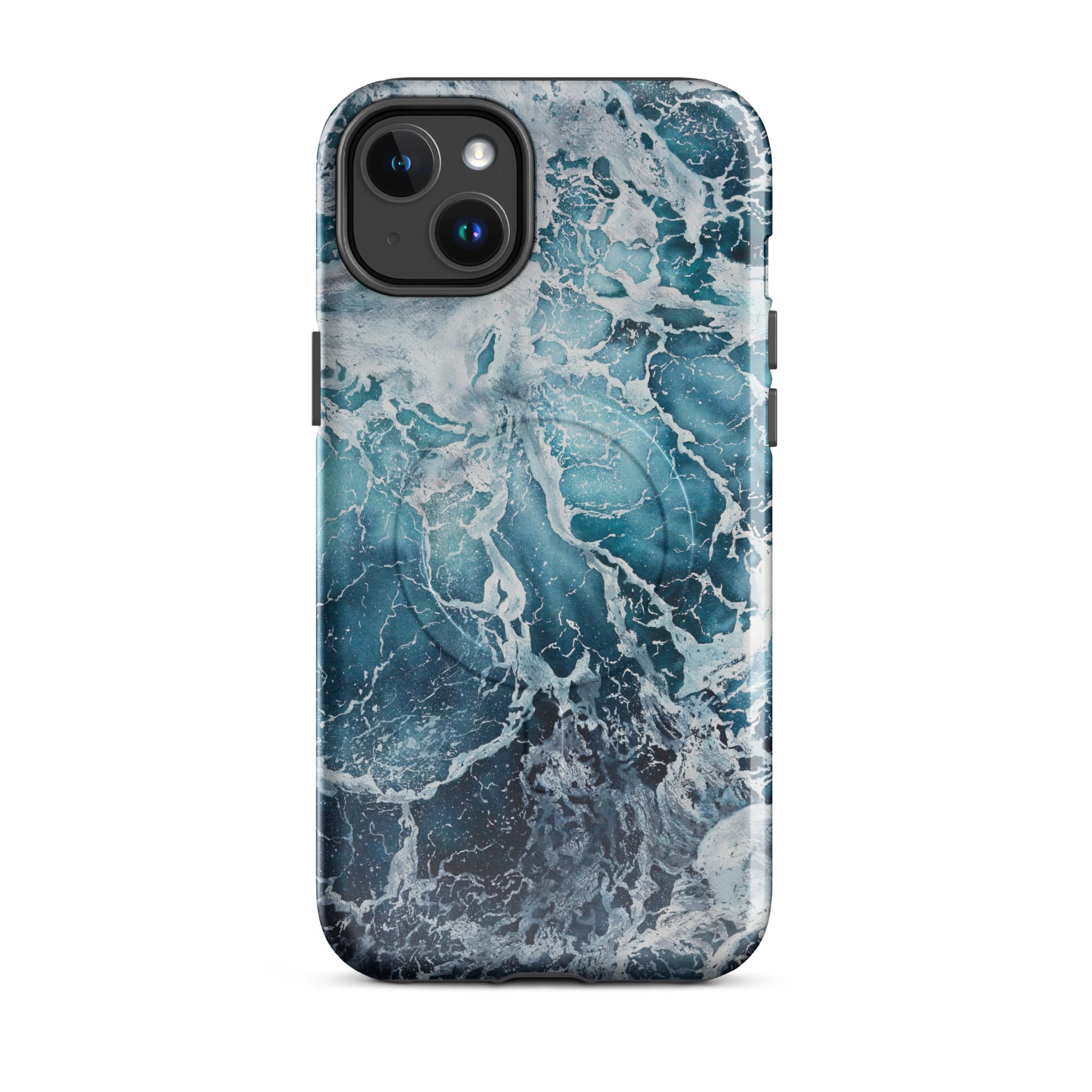 Blue ocean wave watercolor iPhone 14 Plus case with MagSafe, glossy finish