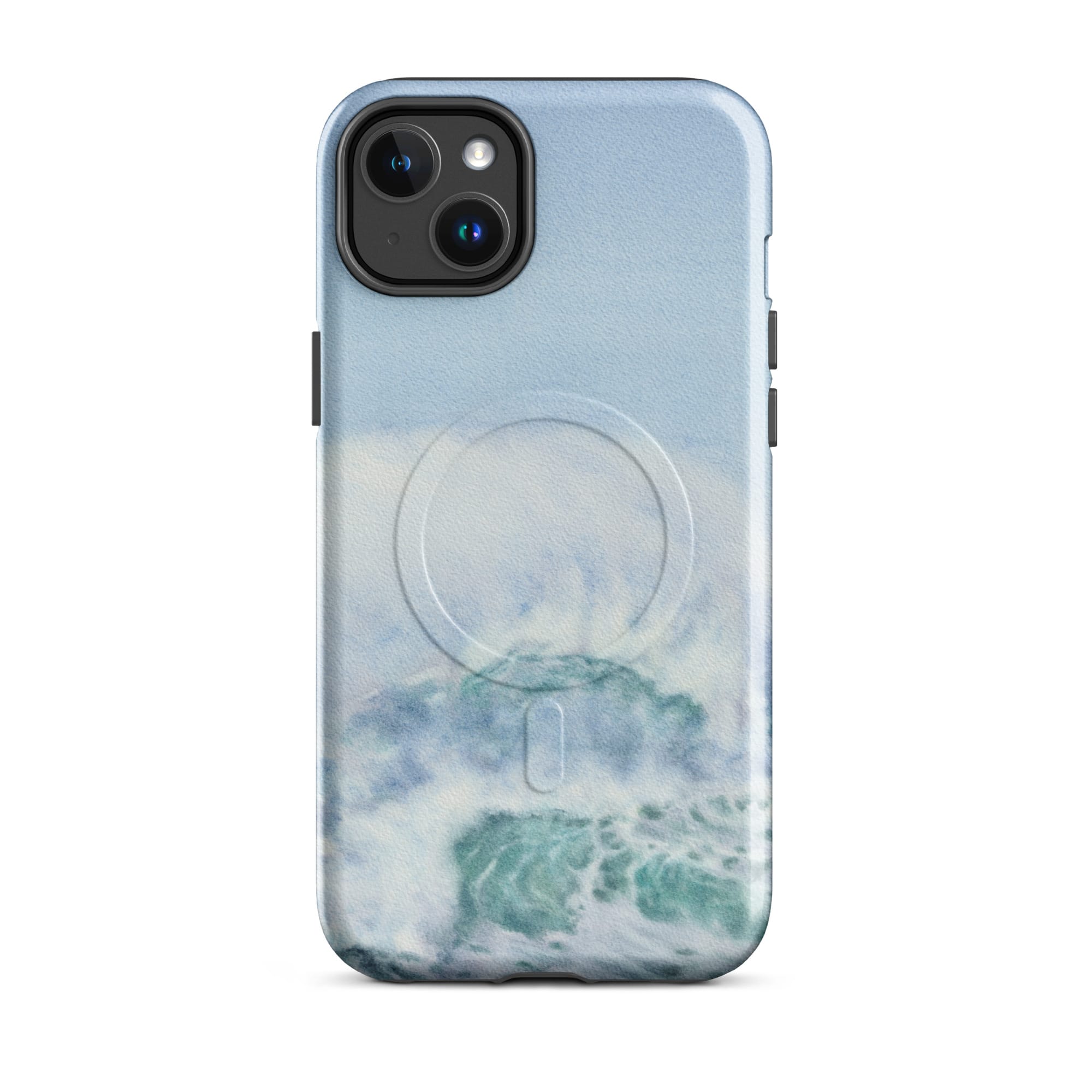 Turquoise blue wave ocean watercolor iPhone 14 Plus case with MagSafe, glossy finish