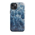 Deep blue ocean watercolor iPhone 14 Plus case with MagSafe, glossy finish