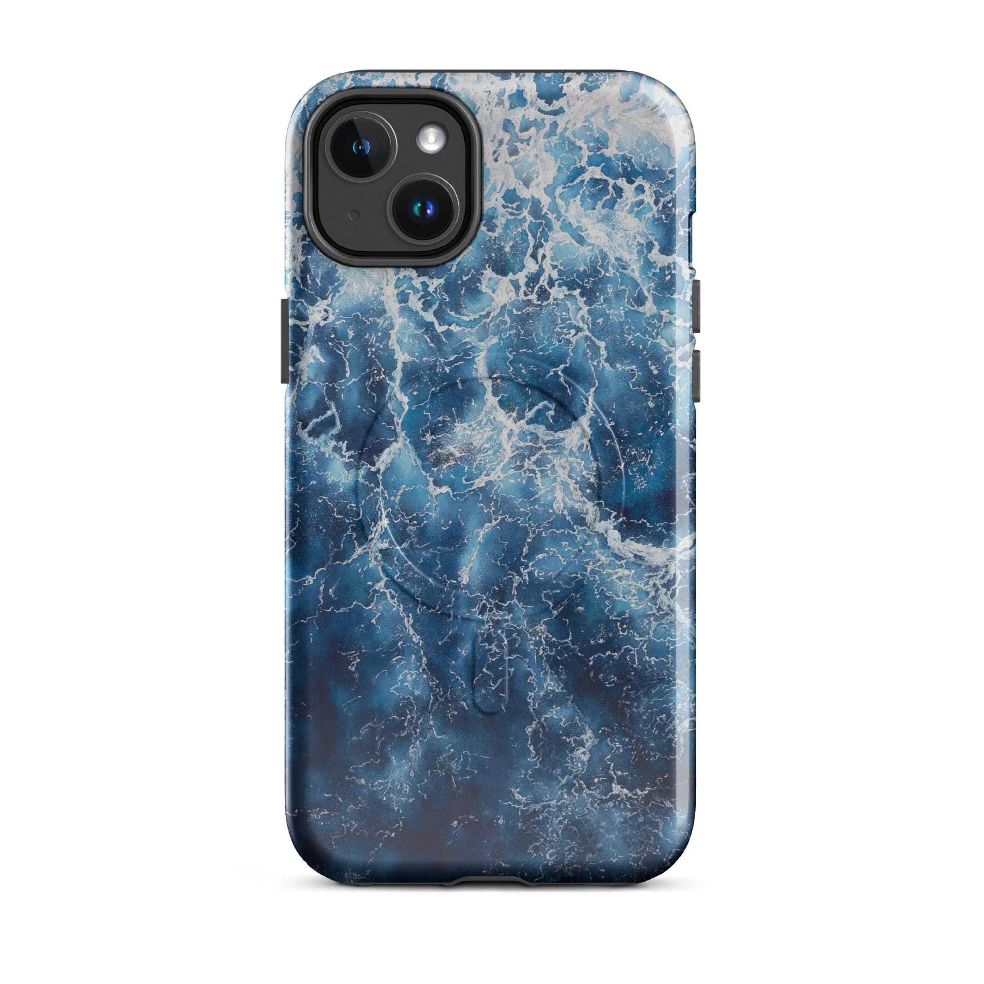 Deep blue ocean watercolor iPhone 14 Plus case with MagSafe, glossy finish