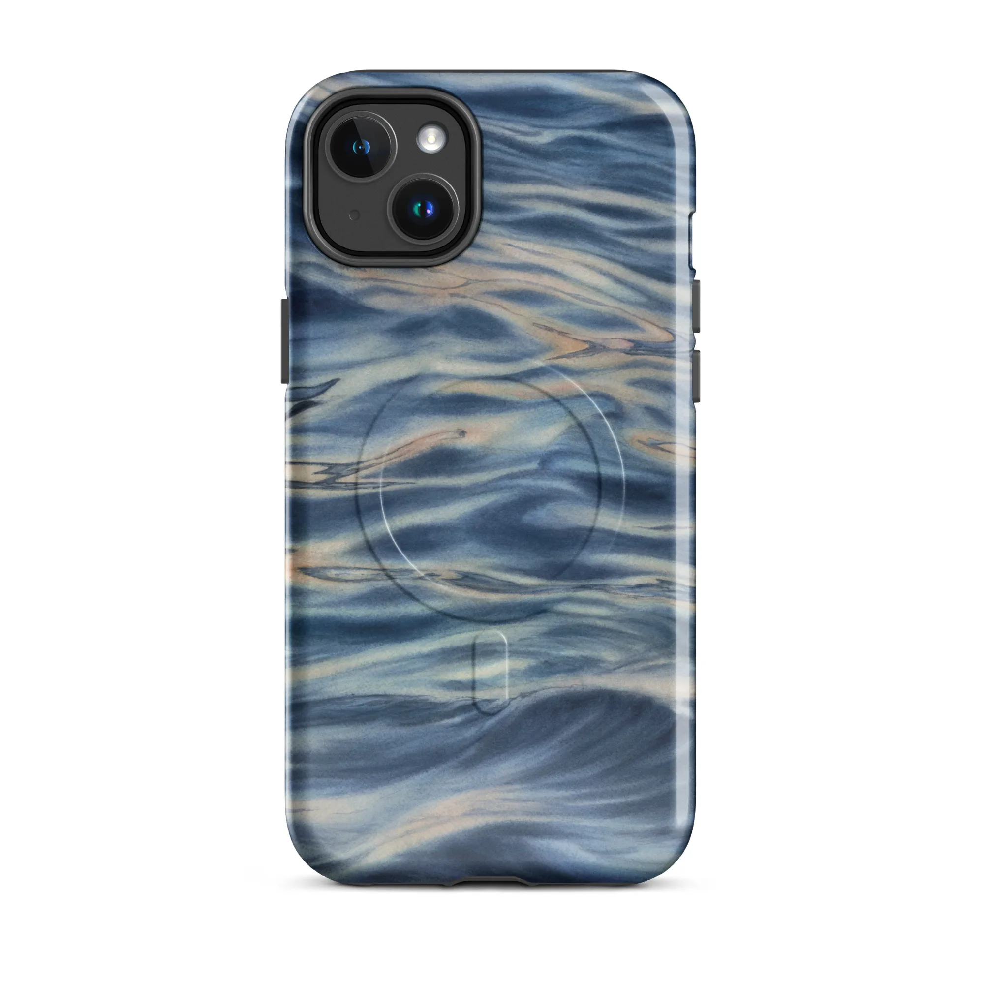 Blue grey ocean watercolor iPhone 14 Plus case with MagSafe, glossy finish