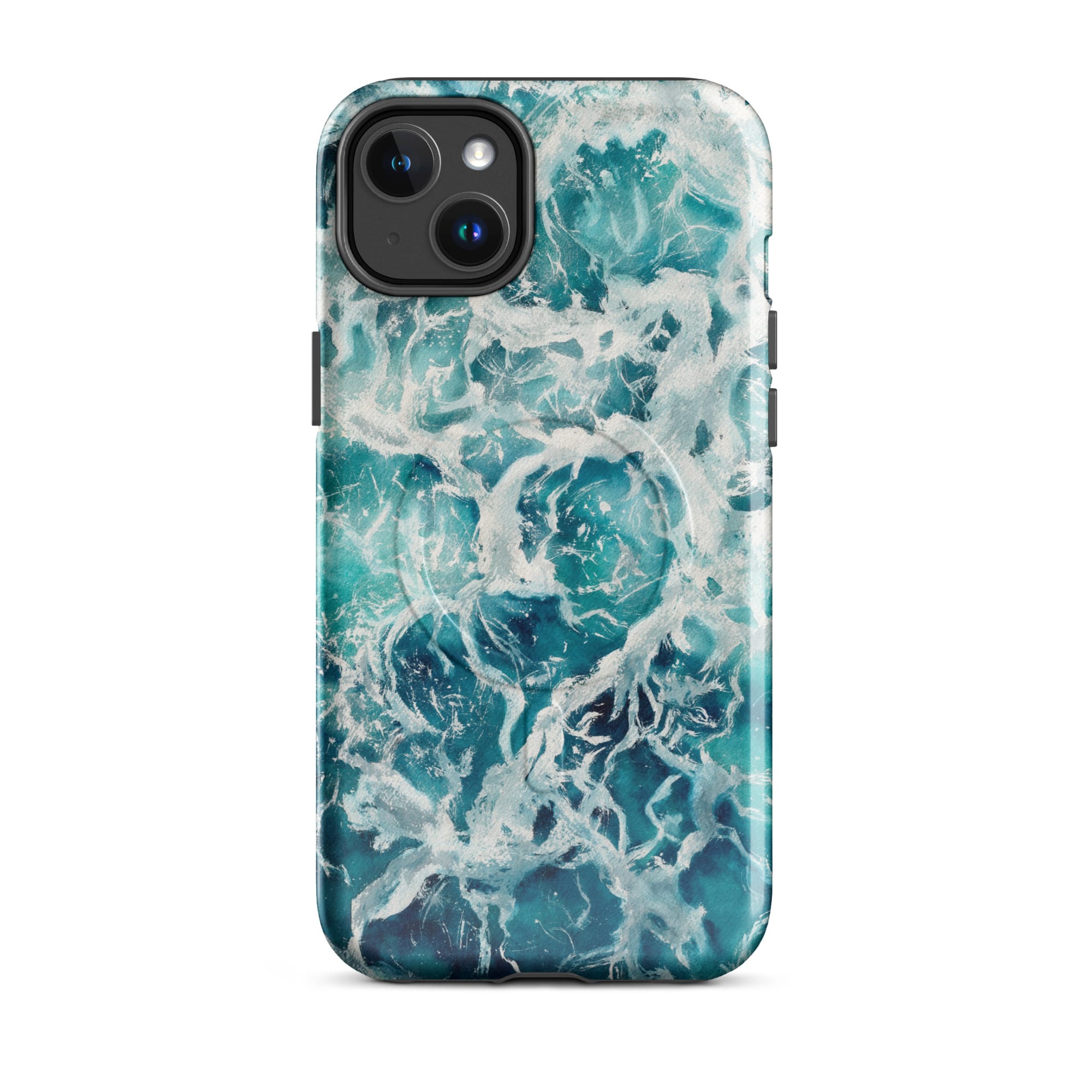 Blue green ocean watercolor iPhone 14 Plus case with MagSafe, glossy finish