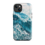 Turquoise blue ocean wave watercolor iPhone 14 Plus case with MagSafe, glossy finish