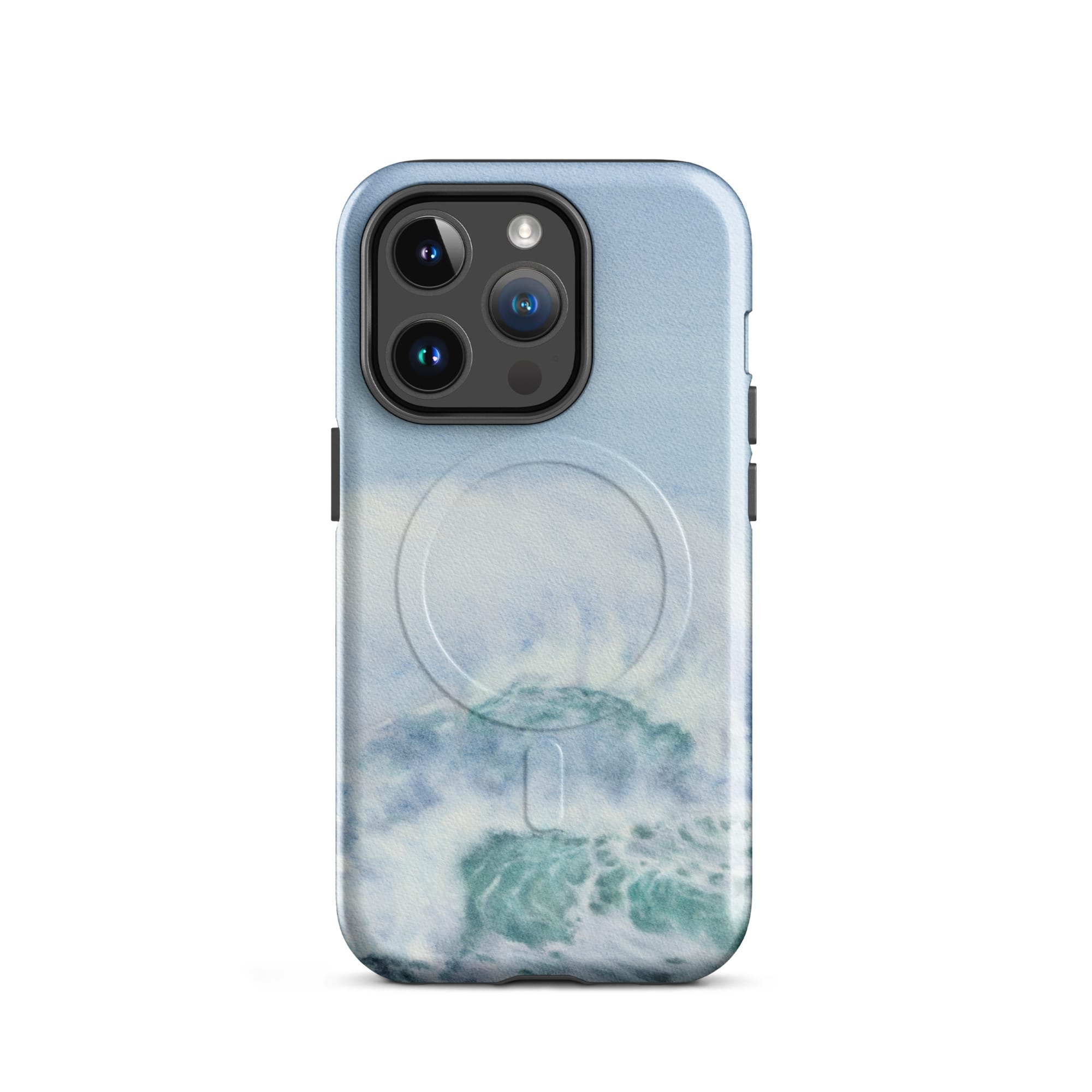 Turquoise blue wave ocean watercolor iPhone 14 Pro case with MagSafe, glossy finish