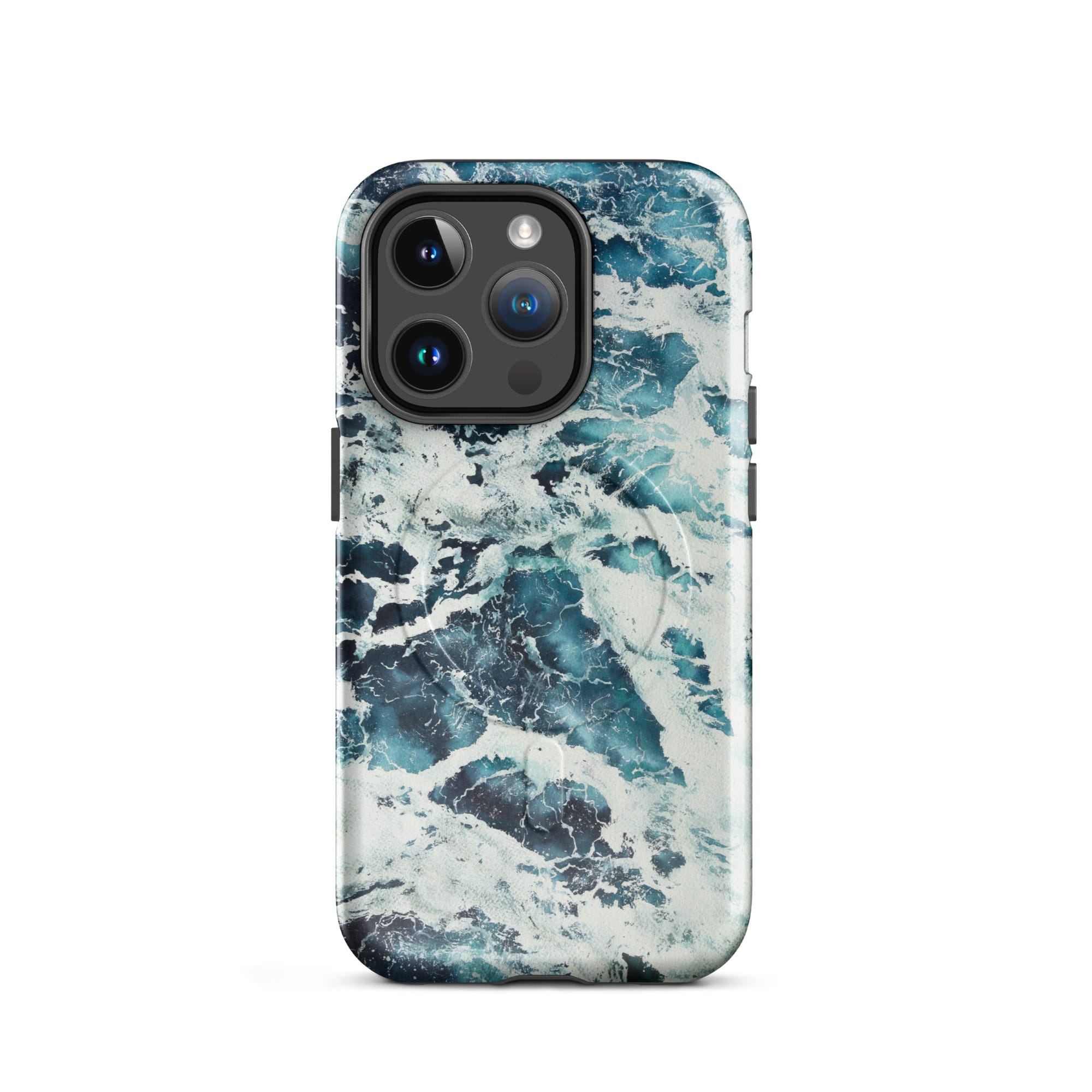 Deep blue turquoise ocean watercolor iPhone 14 Pro case with MagSafe, glossy finish