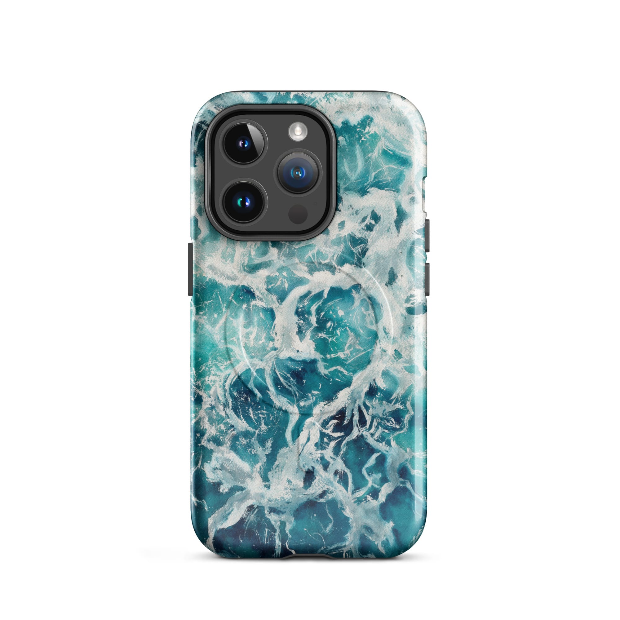 Blue green ocean watercolor iPhone 14 Pro case with MagSafe, glossy finish