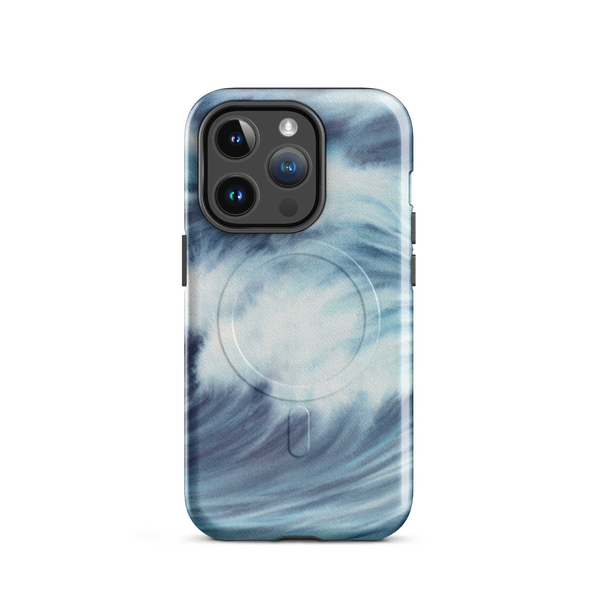 Blue ocean wave watercolor iPhone 14 Pro case with MagSafe, glossy finish