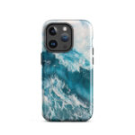 Turquoise blue ocean wave watercolor iPhone 14 Pro case with MagSafe, glossy finish