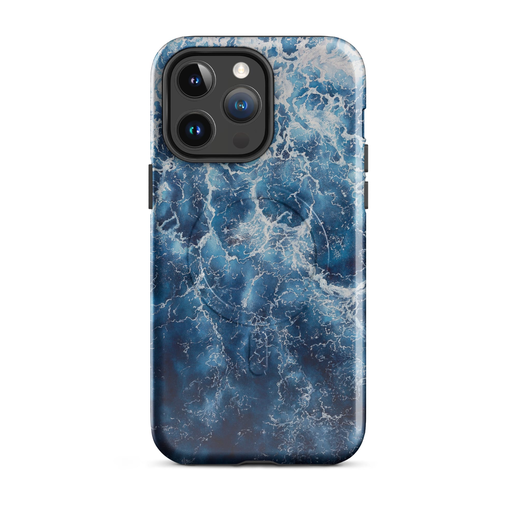 Deep blue ocean watercolor iPhone 14 Pro Max case with MagSafe, glossy finish