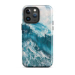 Turquoise blue ocean wave watercolor iPhone 14 Pro Max case with MagSafe, glossy finish